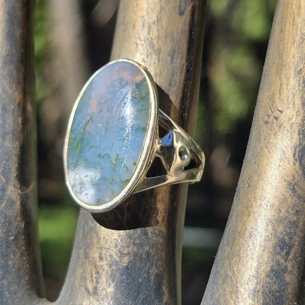 HOST PICK! ๐๐ Moss Agate & Topaz Natural Gemstone Sterling Ring Sz8 - Picture 1 of 11